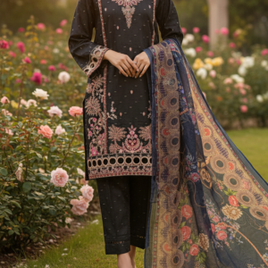 Pakistani Cotton 3 Piece Embroidered Suits - Black