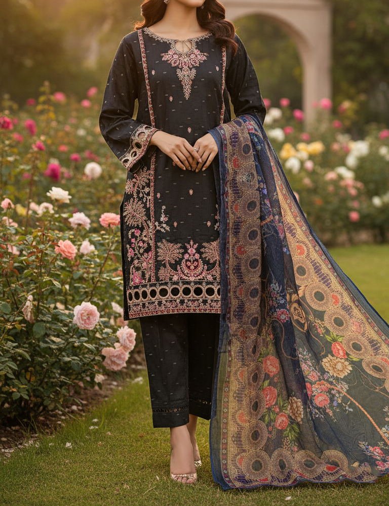 Pakistani Cotton 3 Piece Embroidered Suits – Black