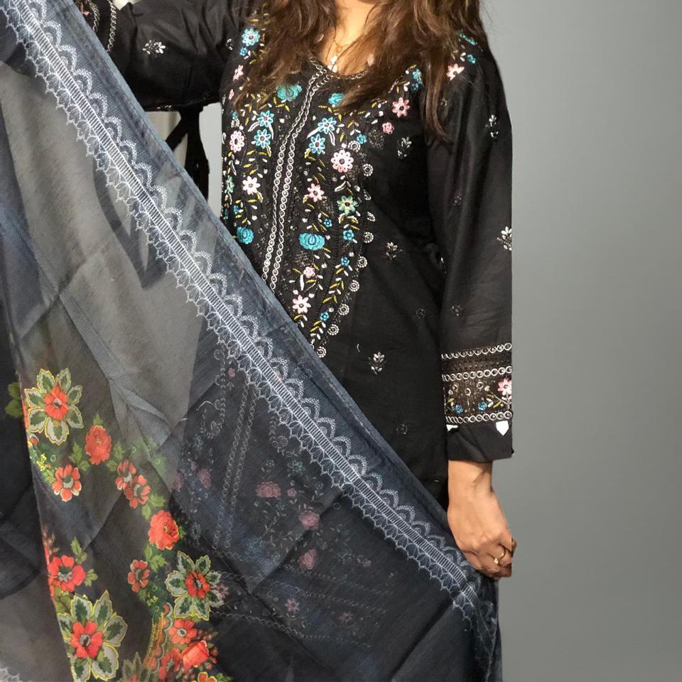 Pakistani Cotton 3 Piece Embroidered Suits - Black 5 Pakistani Cotton 3 Piece Embroidered Suits - Black - Image 5