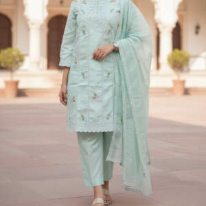 Pakistani Cotton 3 Piece Embroidered Suits - Aqua Color