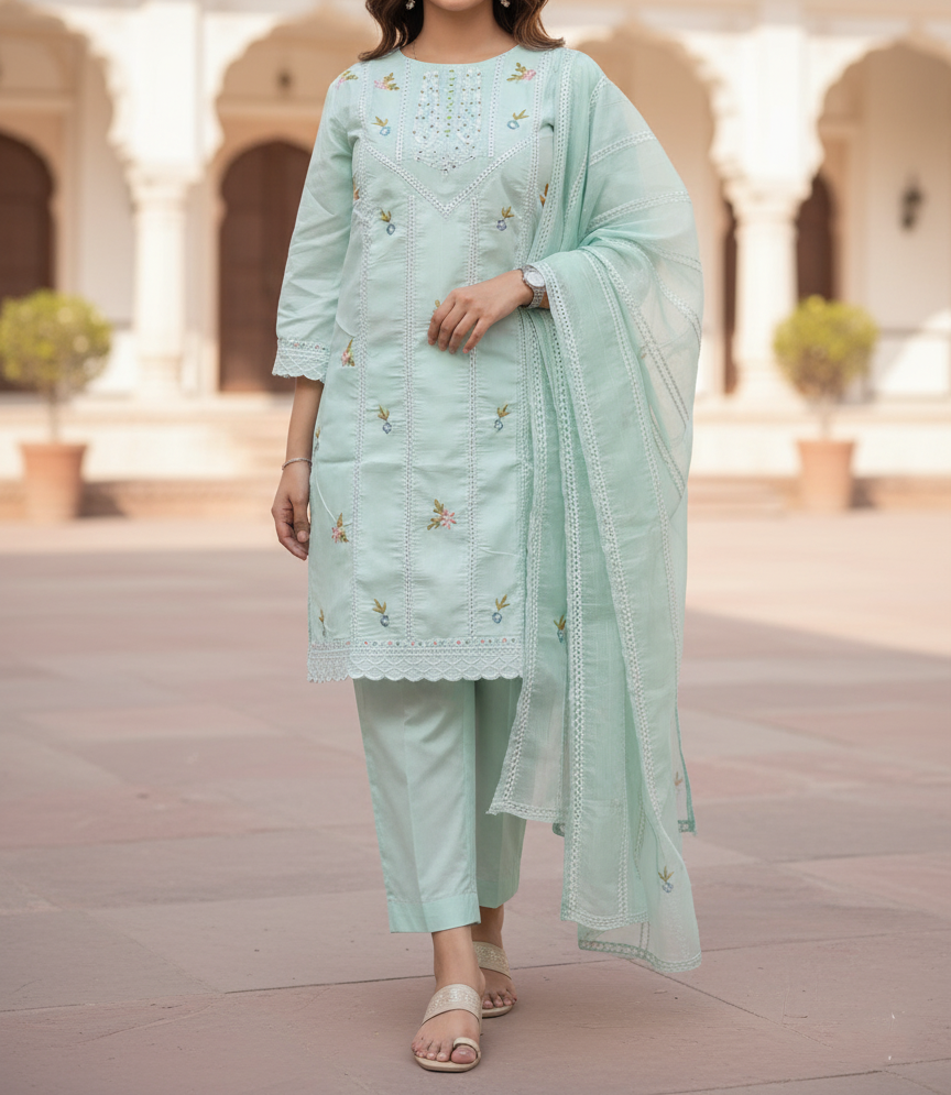 Pakistani Cotton 3 Piece Embroidered Suits – Aqua Color