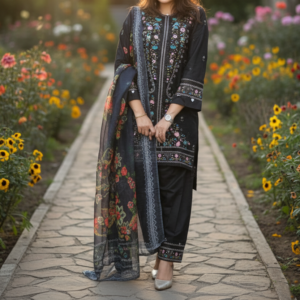 Pakistani Cotton 3 Piece Embroidered Suits - Black