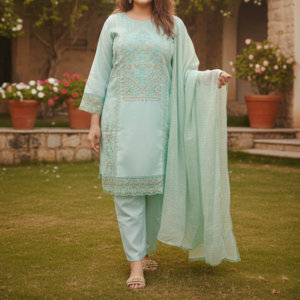 Pakistani Cotton 3 Piece Embroidered Suits - Aqua