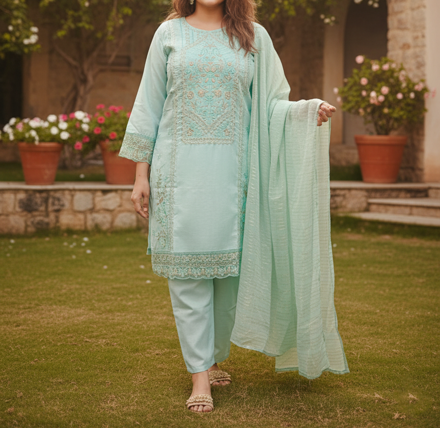Pakistani Cotton 3 Piece Embroidered Suits – Aqua