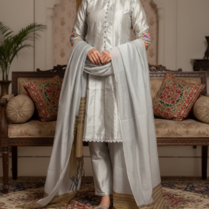 Pakistani Cotton 3 Piece Embroidered Suits - Silver Grey