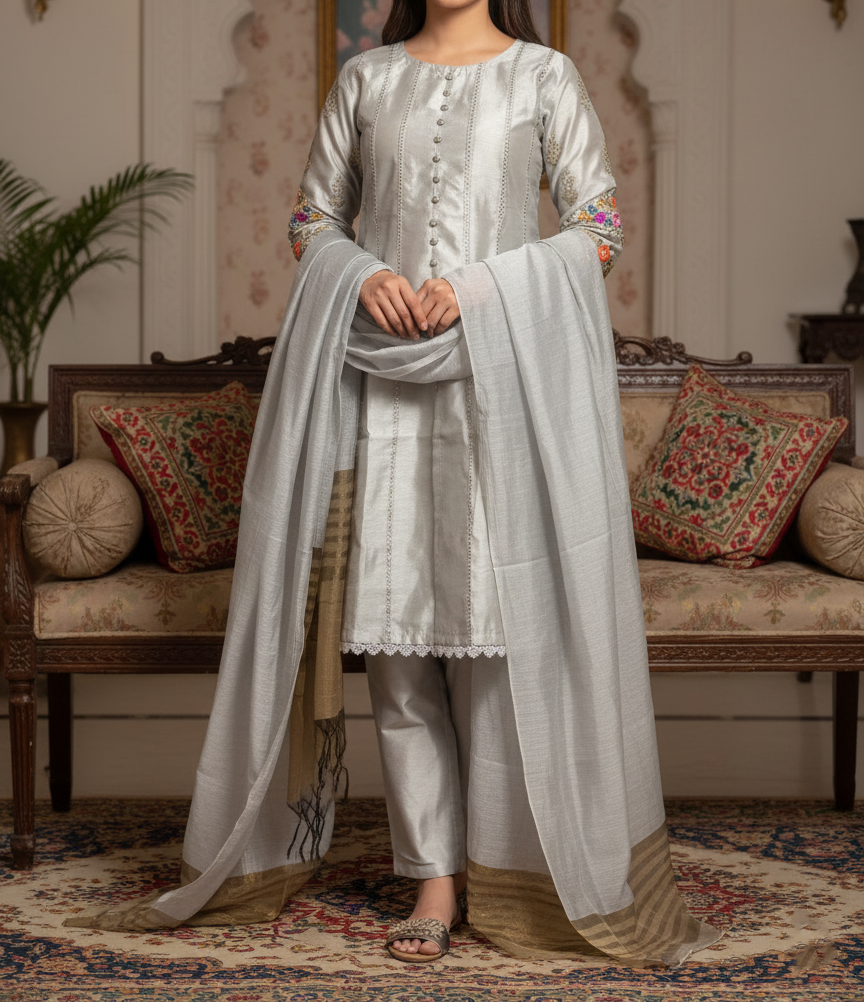 Pakistani Cotton 3 Piece Embroidered Suits – Silver Grey