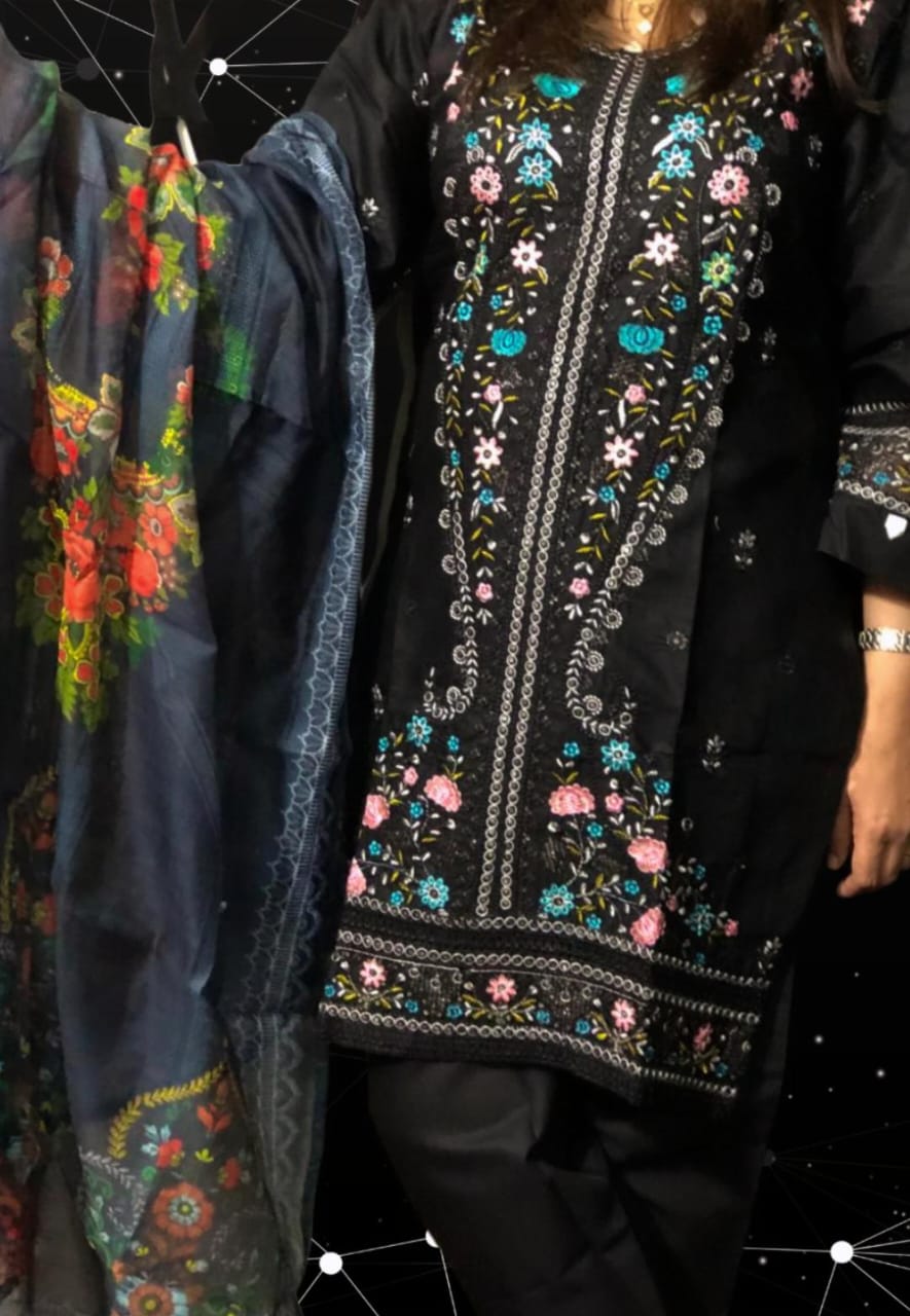 Pakistani Cotton 3 Piece Embroidered Suits - Black 2 Pakistani Cotton 3 Piece Embroidered Suits - Black - Image 2