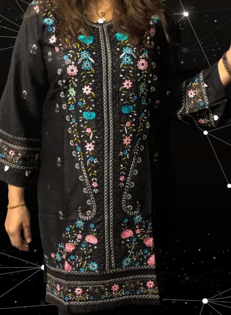 Pakistani Cotton 3 Piece Embroidered Suits - Black 3 Pakistani Cotton 3 Piece Embroidered Suits - Black - Image 3