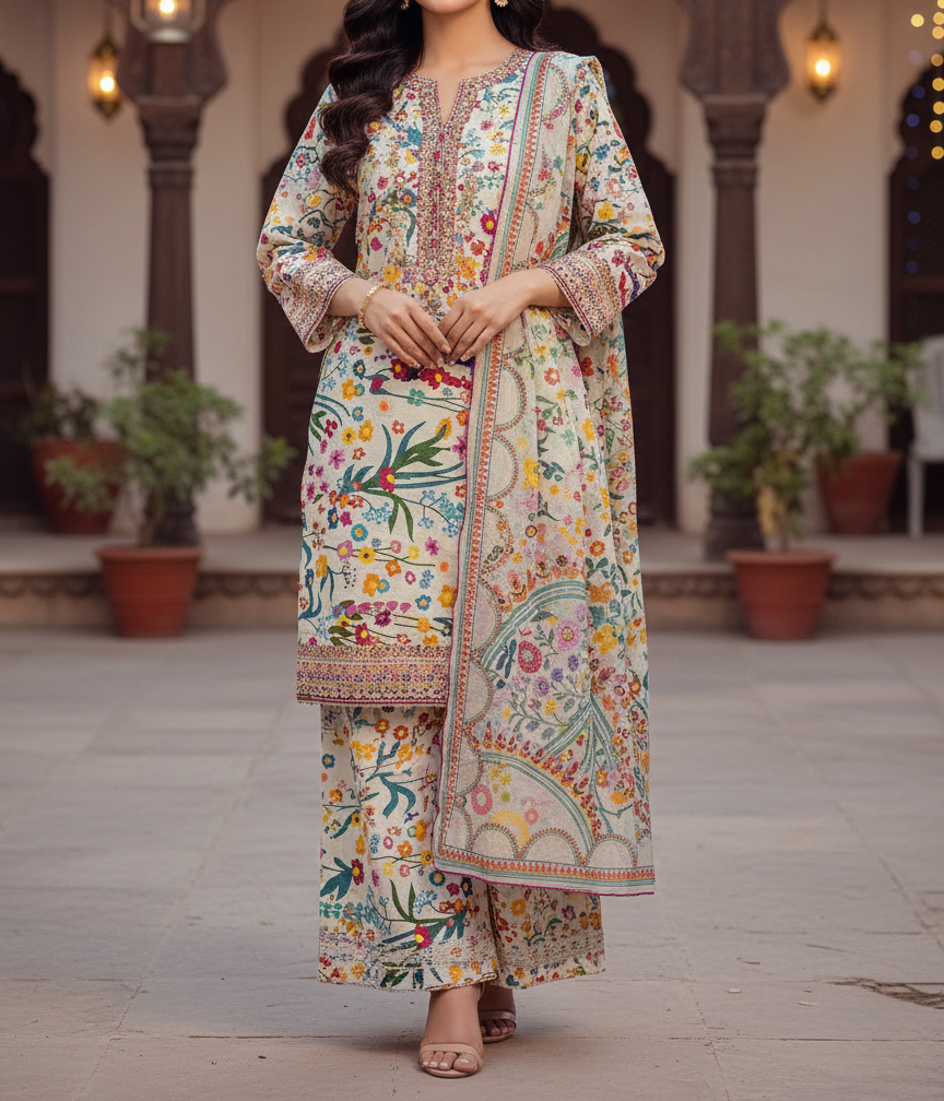 Pakistani 3 Piece Embroidered & Printed Suit – Women’s Eid Collection 2026
