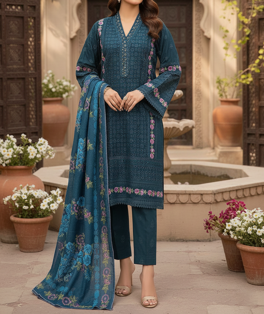 Pakistani 3 Piece Embroidered & Printed Suit – Women’s Eid Collection 2026
