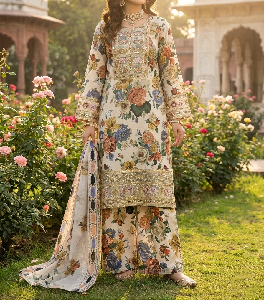 Pakistani 3 Piece Embroidered & Printed Suit – Women’s Eid Collection 2026