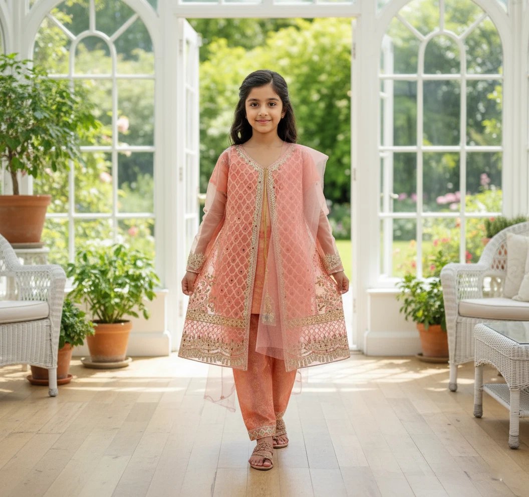 Organza Full Embroidery Angrakha Girl Suites For Eid Collection 2026 2 Pakistani style girl dress