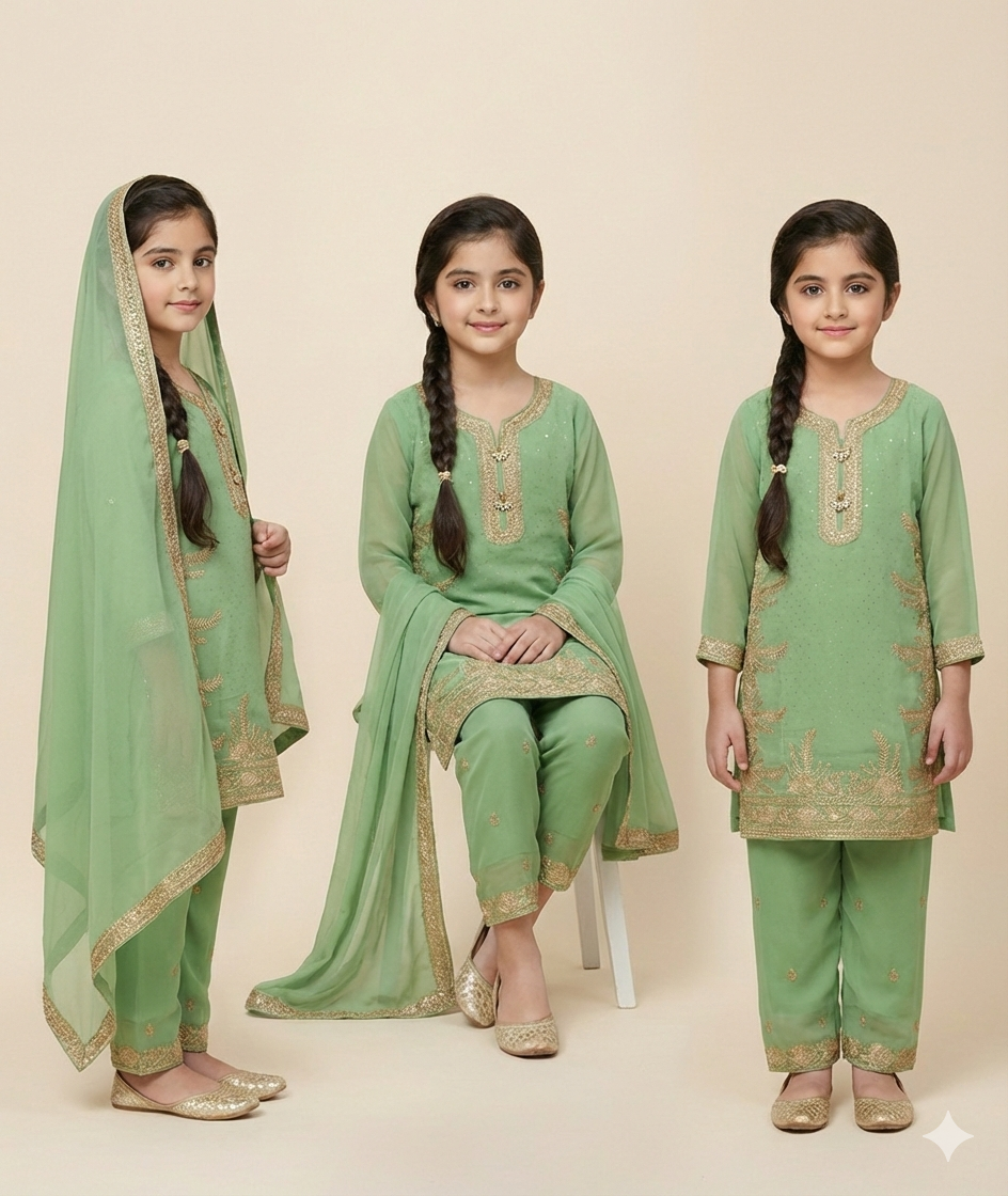 Asian Style 3-Piece Girls' Suit Set | Eid Collection 2026 | London, UK 3 Asian Style 3-Piece Girls' Suit Set | Eid Collection 2026 | London, UK - Image 3